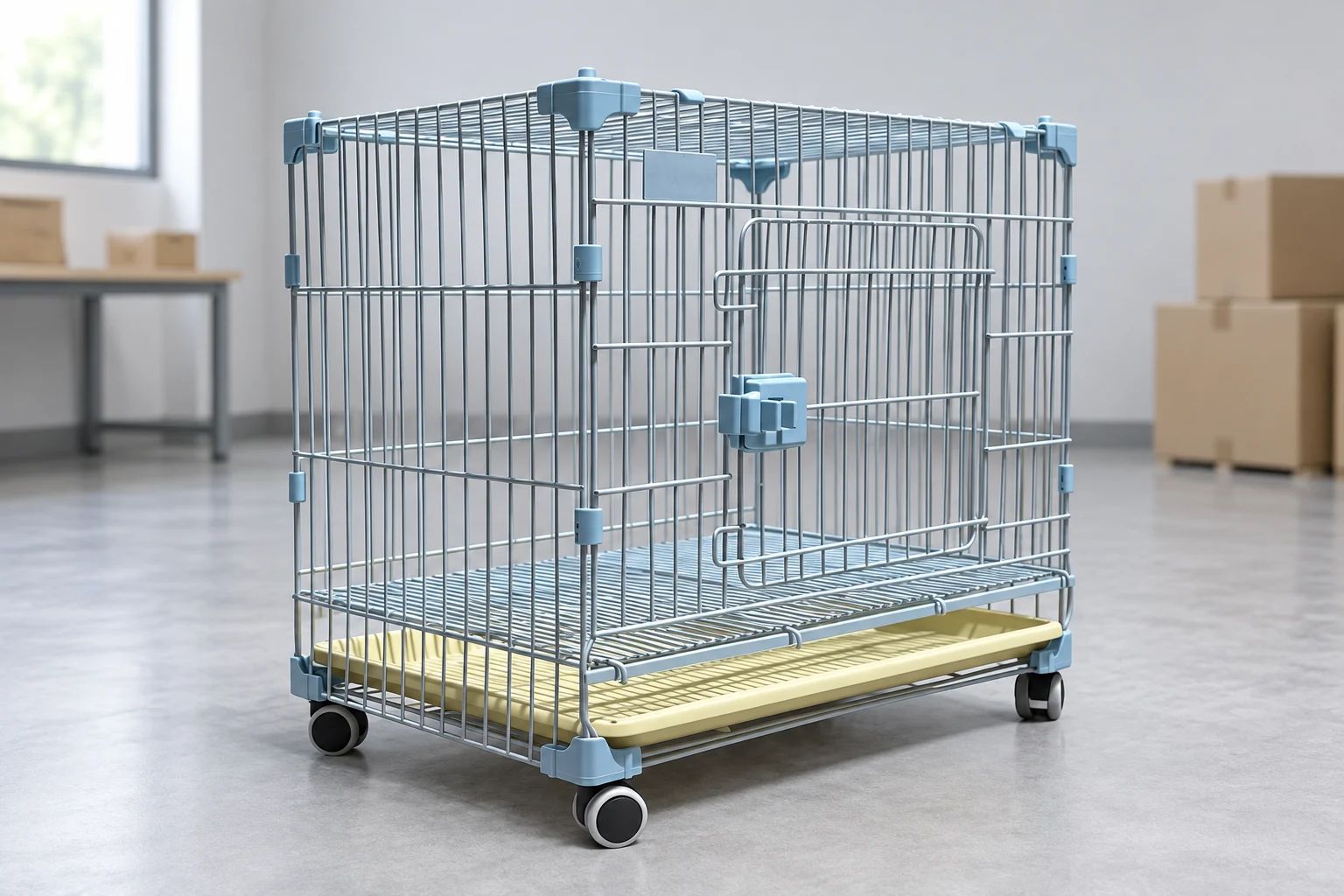 AI-generated distributor inspection scene showing the 60 cm wire cage with blue fittings, yellow tray and caster wheels