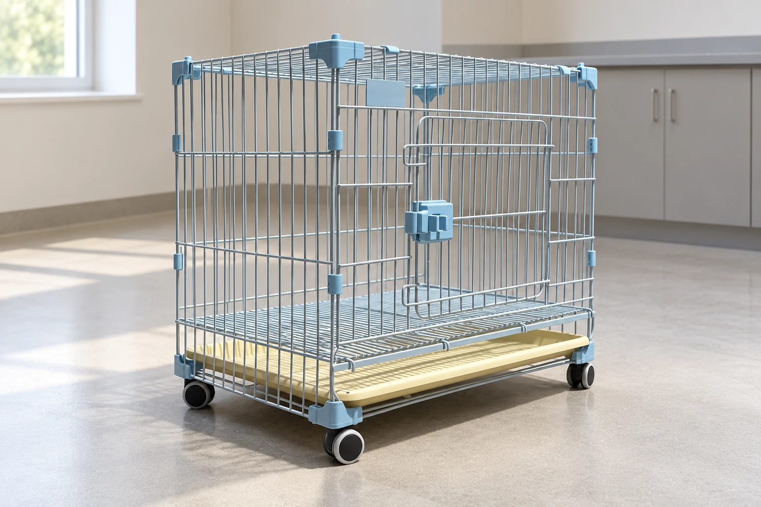 AI-generated preparation-room scene showing the 70-model swing-door wire cage with blue fittings, yellow tray and wheels