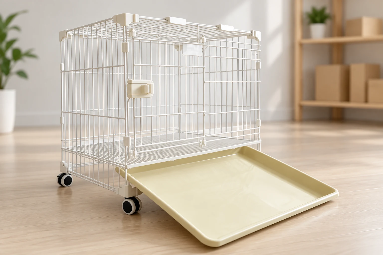 AI-generated brand studio scene showing the white sliding-door wire cage, pale tray and black-and-white wheels