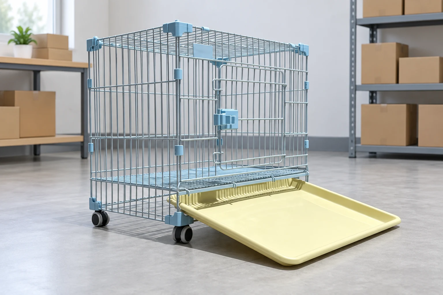 AI-generated retail back-room scene of the silver wire cage with blue fittings, wheels and extended yellow tray