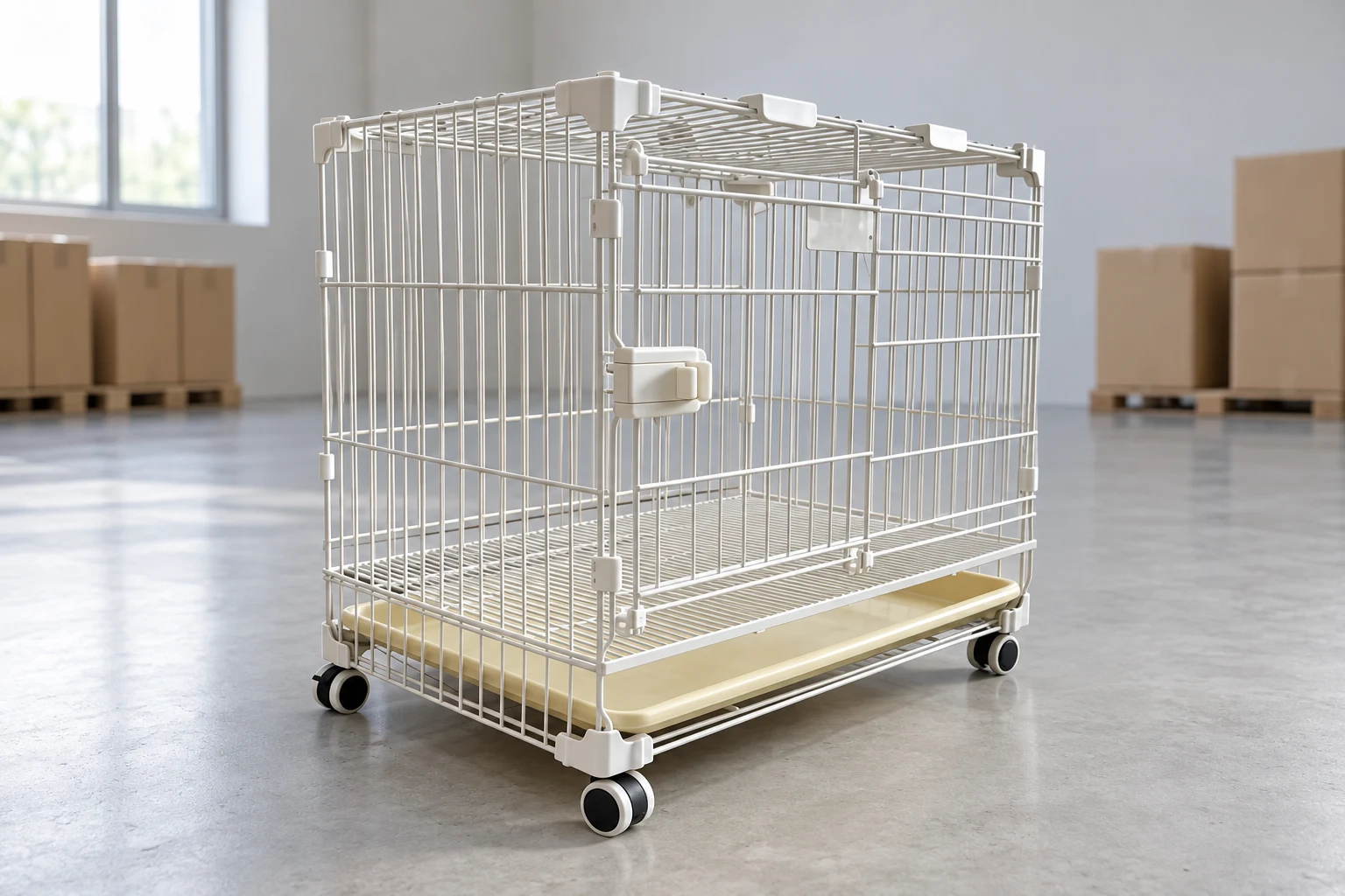 AI-generated importer receiving-area presentation of the 80-model sliding-door cage with pale tray and caster wheels